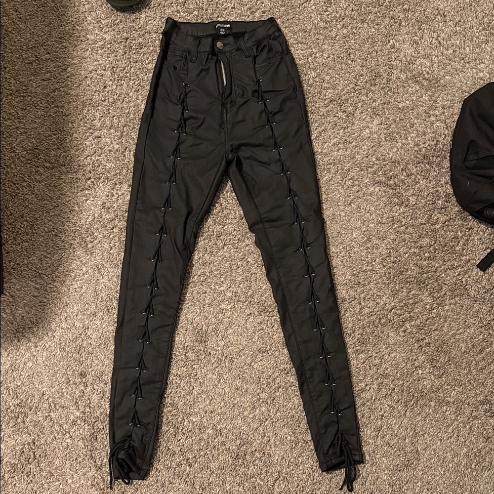 Black Faux Leather Lace-Up Skinny Pants